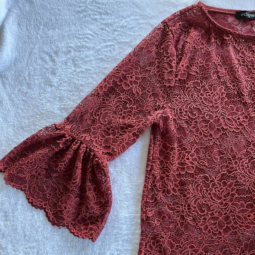 Burgundy Lace Top with Statement Sleeves